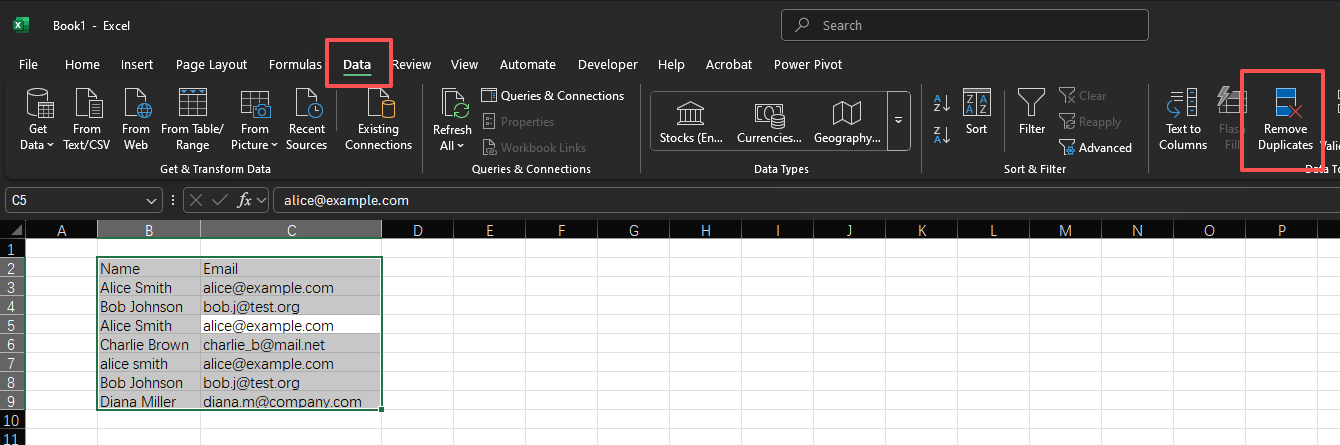 Remove Duplicates button location