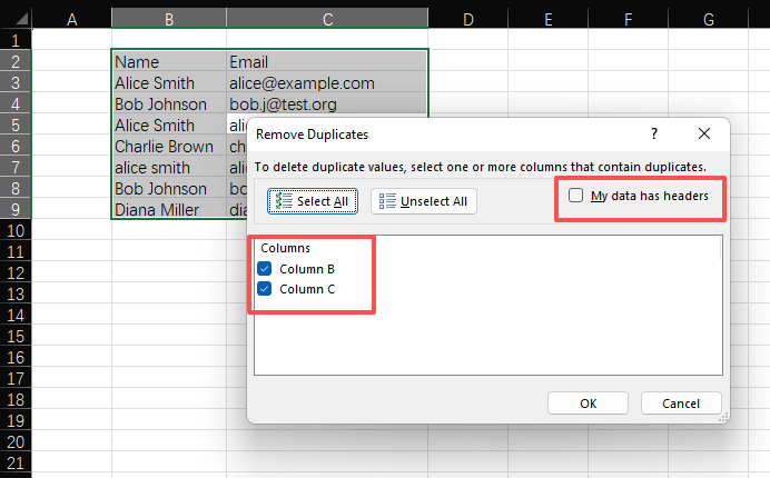 Remove Duplicates settings window